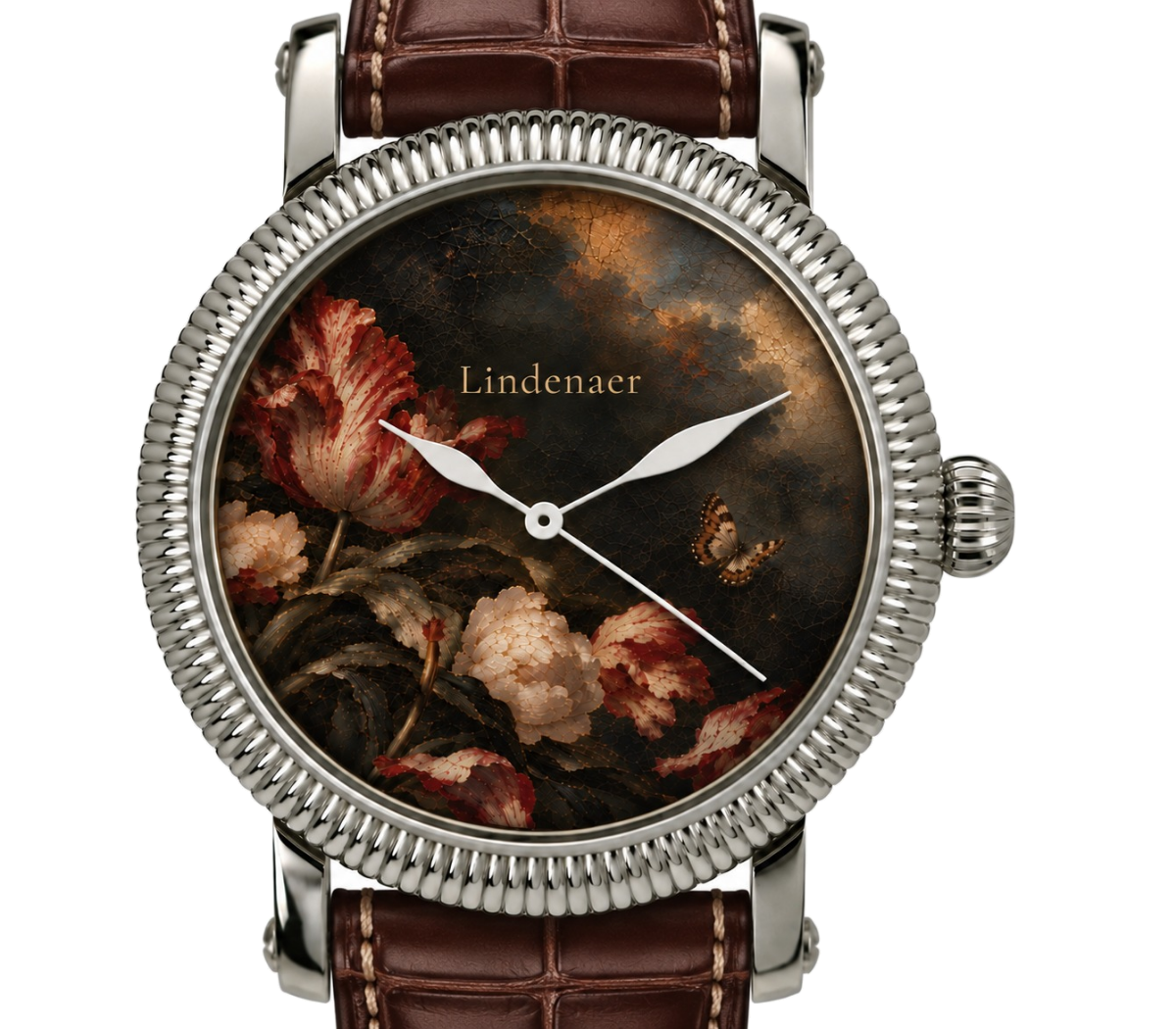 Lindenaer Aetas: tulips, a peony and a butterfly on the dial, fluted steel bezel, brown alligator strap